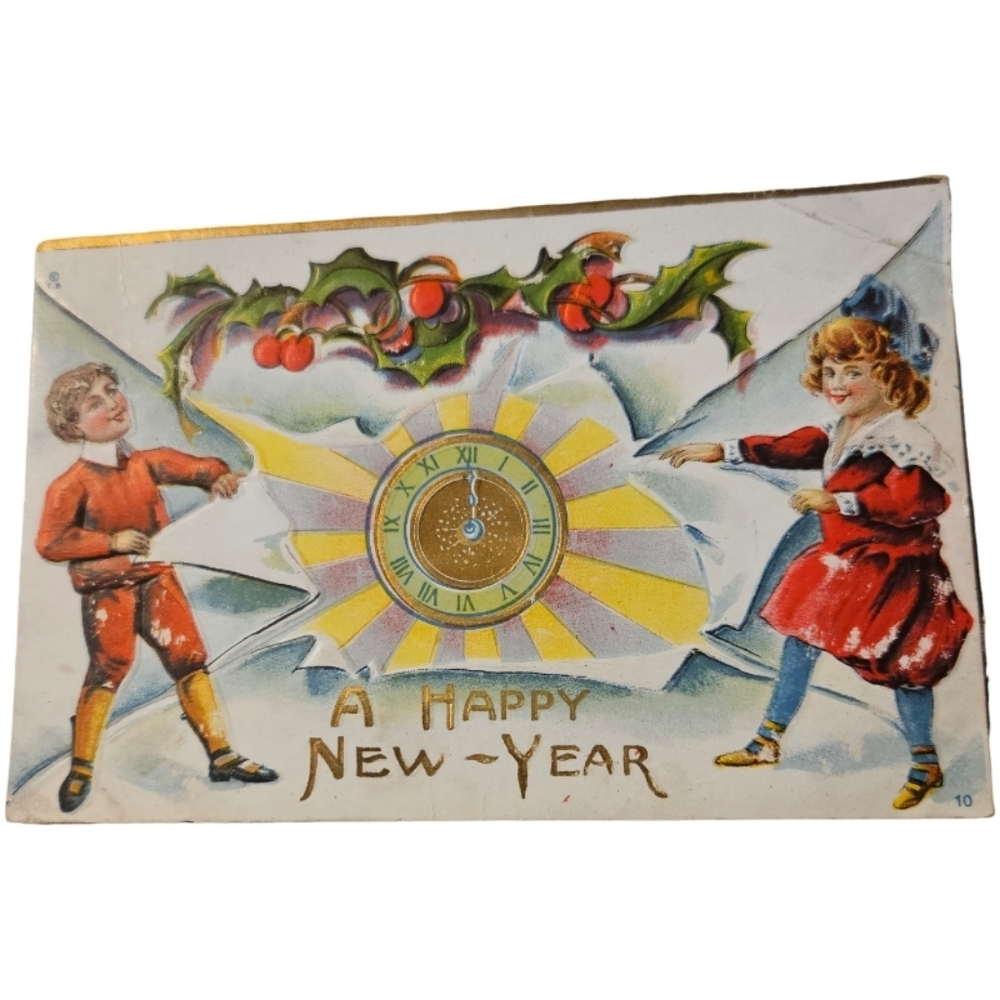 1912 Antique New Year Postcard with Children and Clock Signed